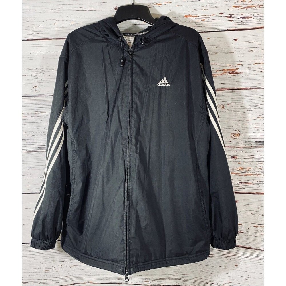 Adidas Mens Black Jacket Coat Sz Large Hood Zip White Three Stripe Windbreaker